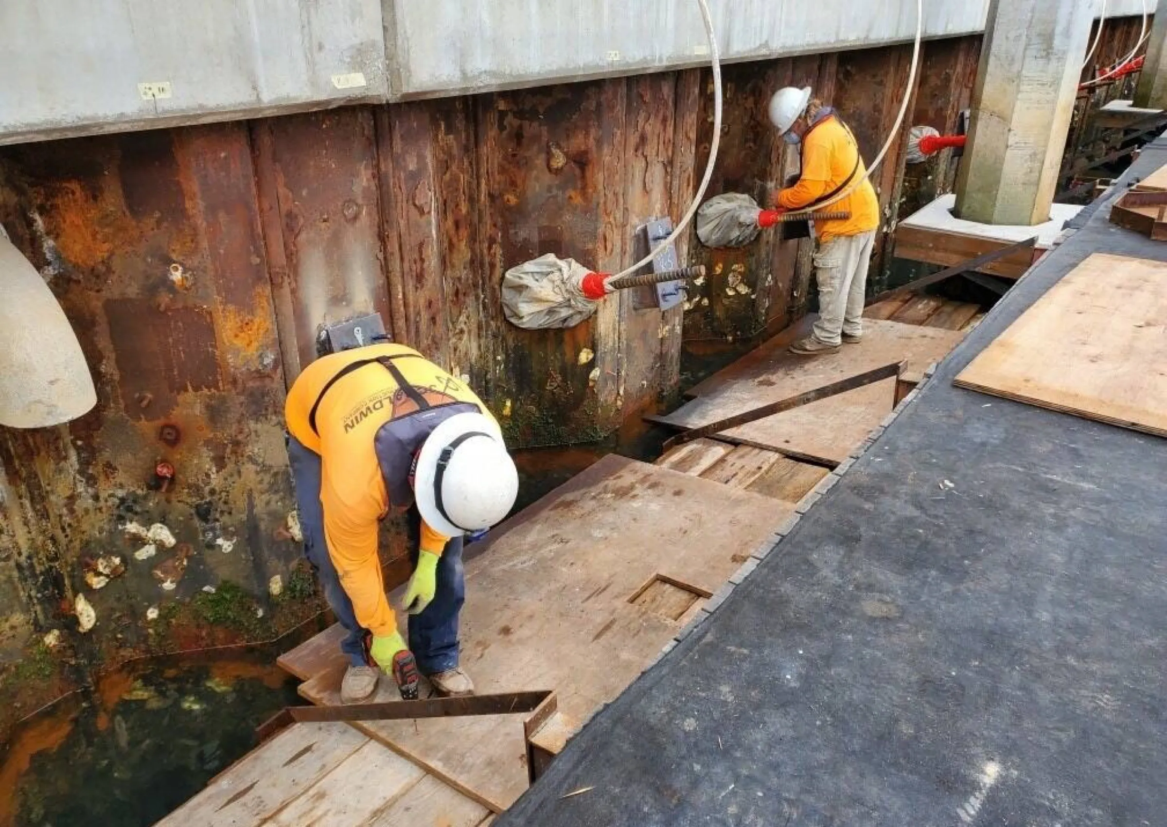Crew working on the existing steel sheet pile bulkhead at the Port of Los Angeles