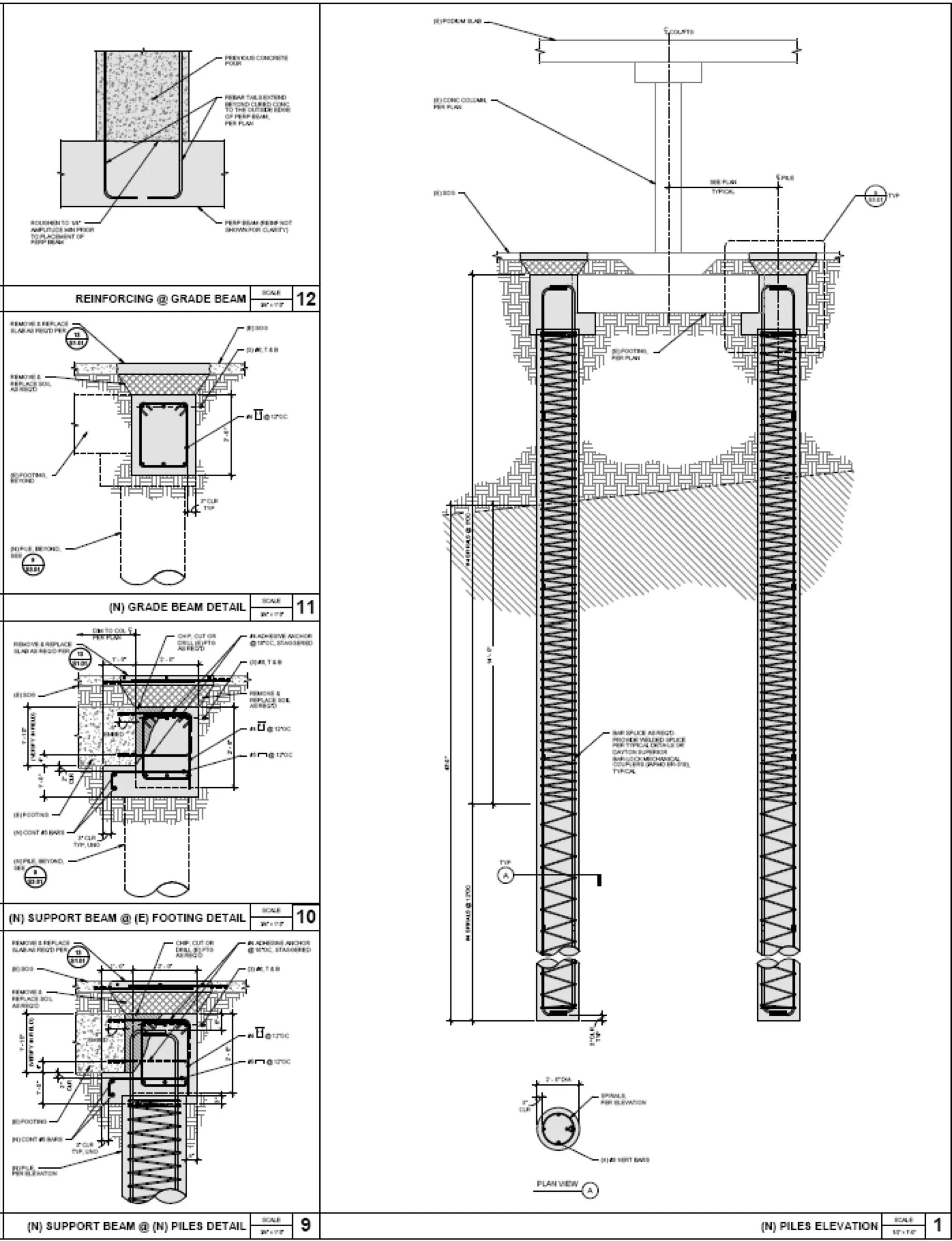 Structural detail drawings showing the Century Woods caisson, support beam, and grade beam reinforcement