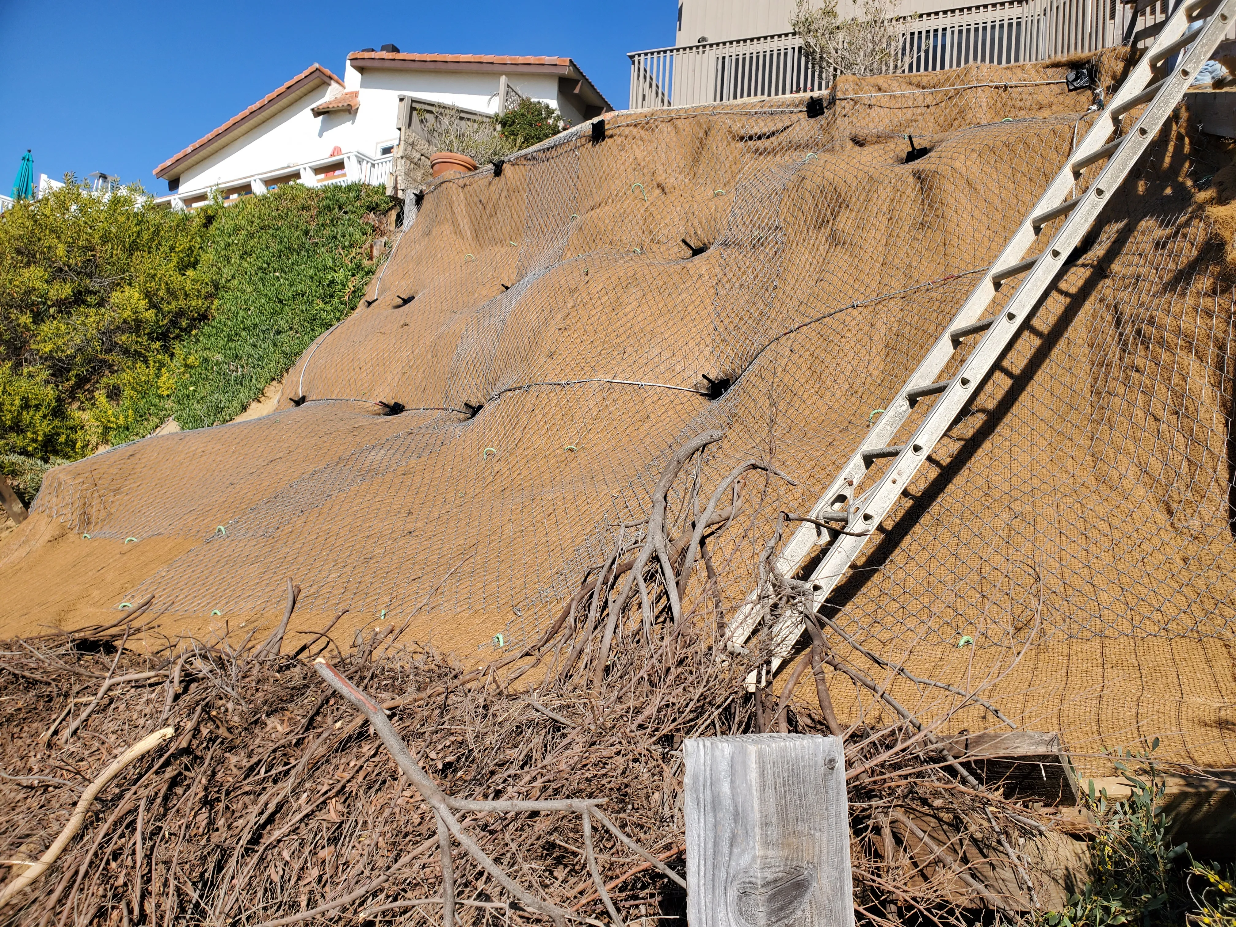 Pinned mesh slope stabilization at 736 Neptune with anchored wire netting over the slope face