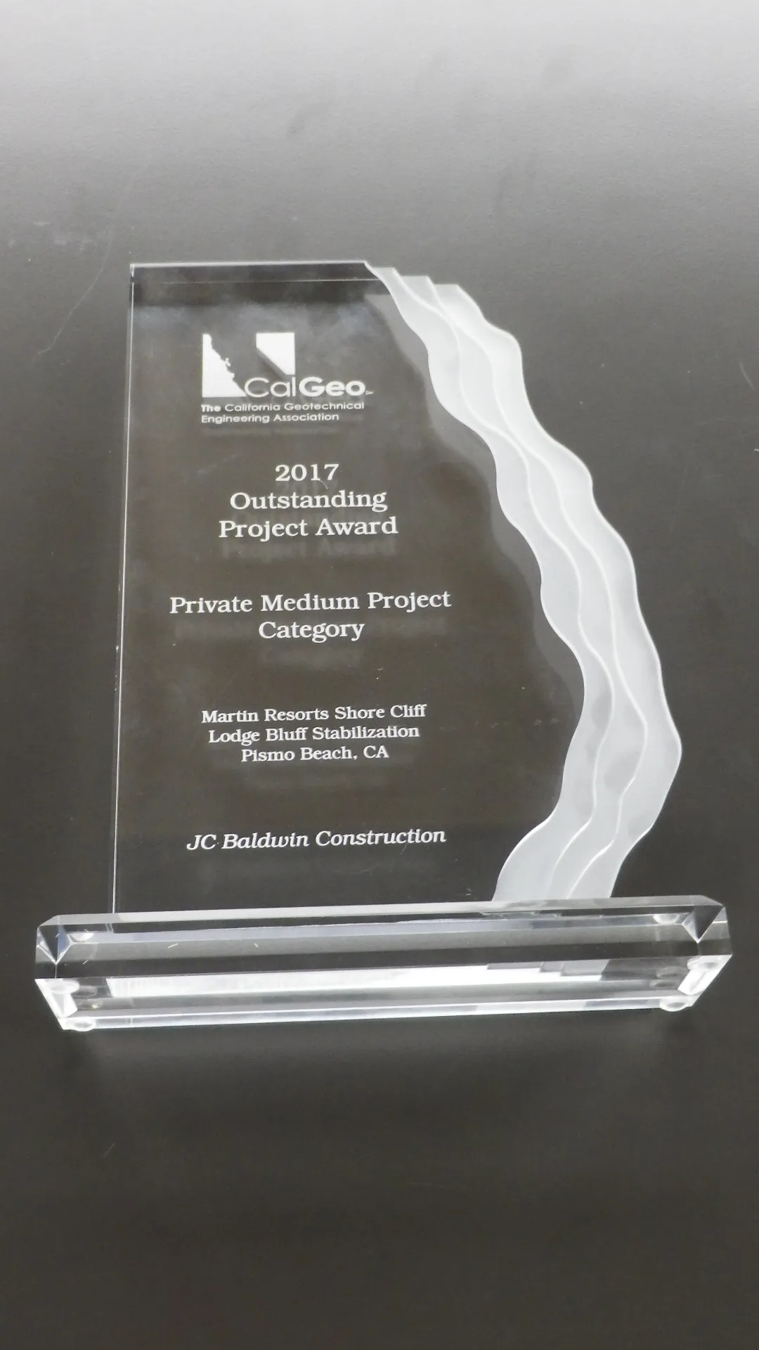 CalGeo 2017 Outstanding Project Award trophy for the Shore Cliff Lodge bluff stabilization