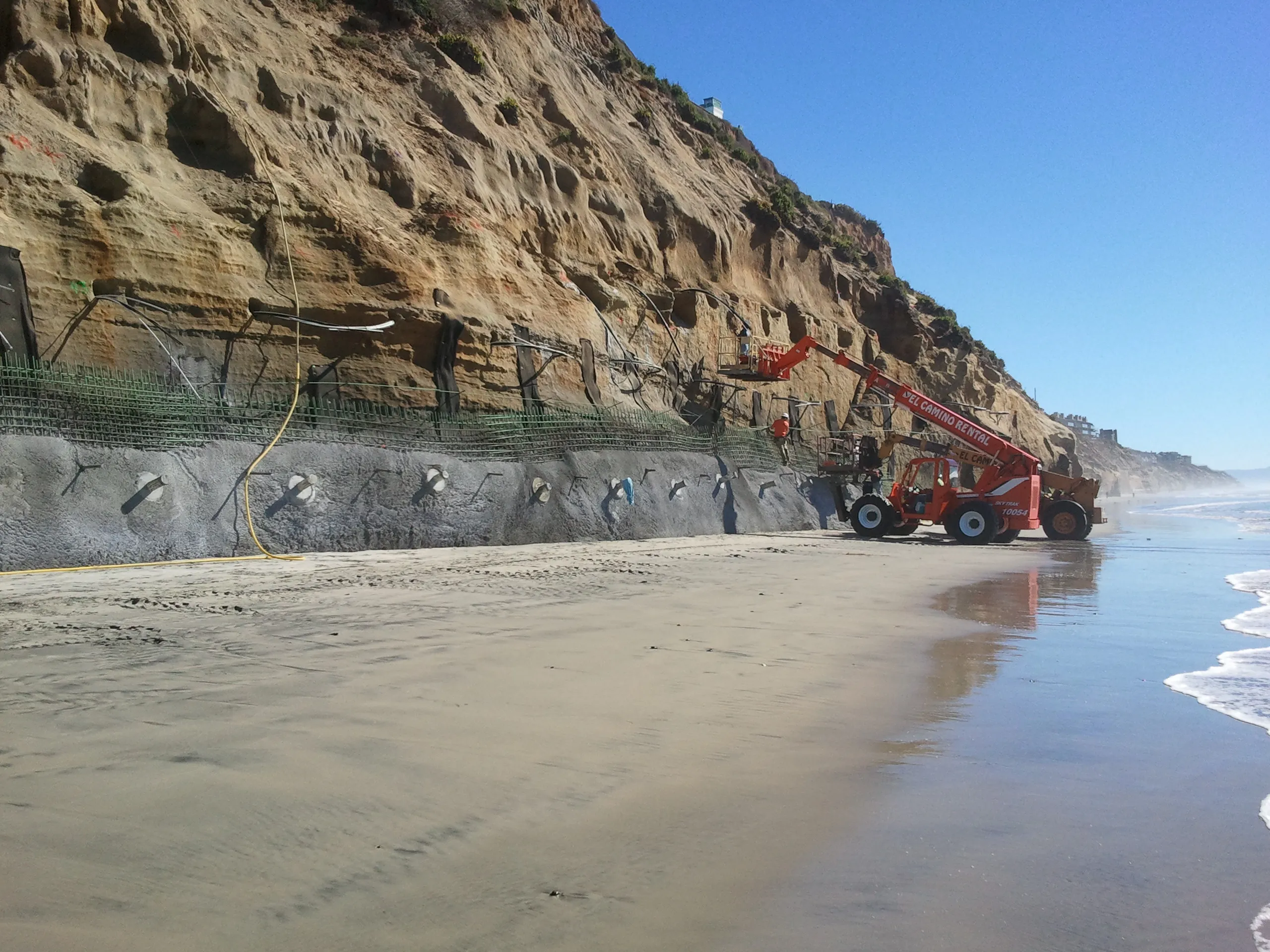 Shotcrete and tieback installation along a California coastal bluff