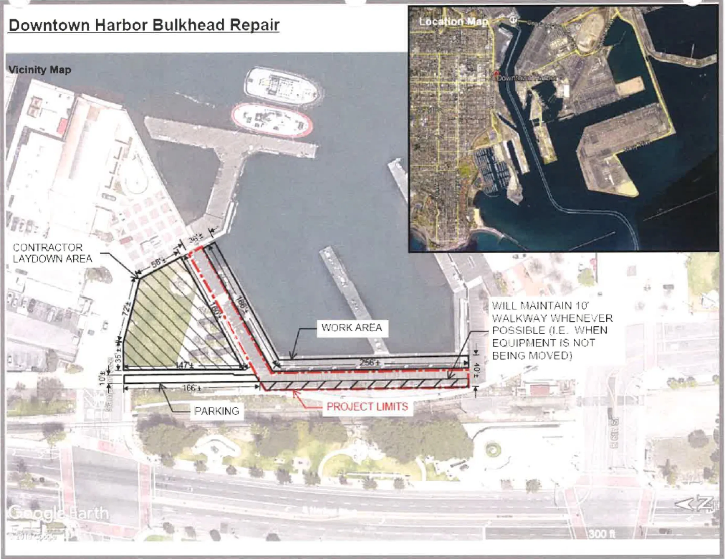 Site plan and vicinity map for the Downtown Harbor bulkhead repair at the Port of Los Angeles