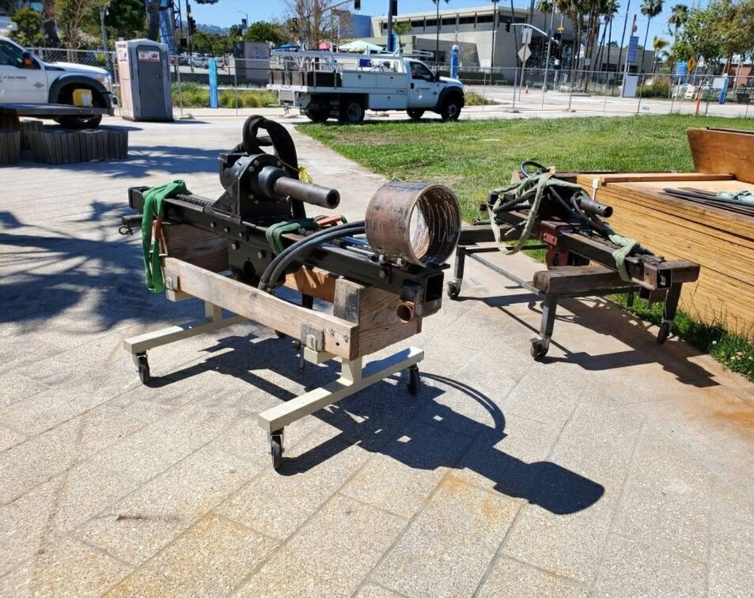 Hydraulic tieback jacking equipment staged at the Port of Los Angeles bulkhead repair